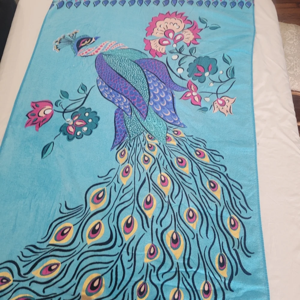 Colorful Peacock Giant Beach Towel Aqua Feathers Oversized Blue Graphic Print
